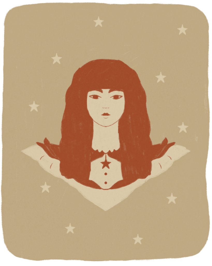 femme aux cheveux roux magie et étoiles