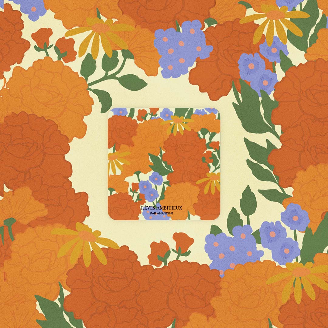 Une carte carrée avec une illustration florale dessu, des fleurs tout autours, des couleurs oranges et un peu de bleu