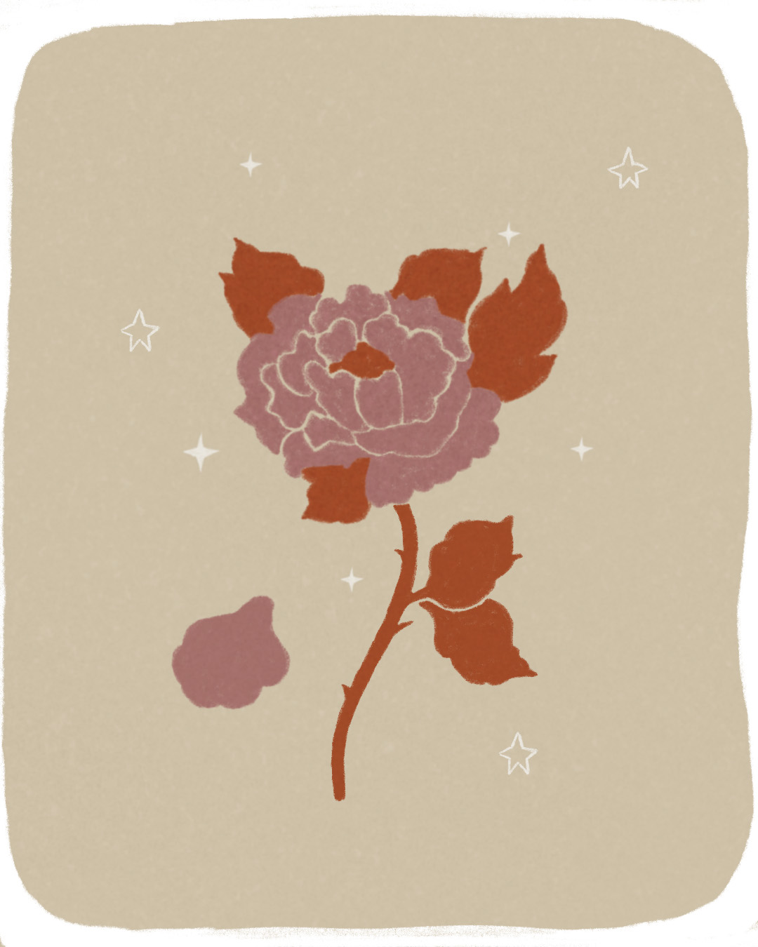 une illustration de rose à pétales roses et tige et feuilles orange dans un ciel étoilé beige qui perd une pétale