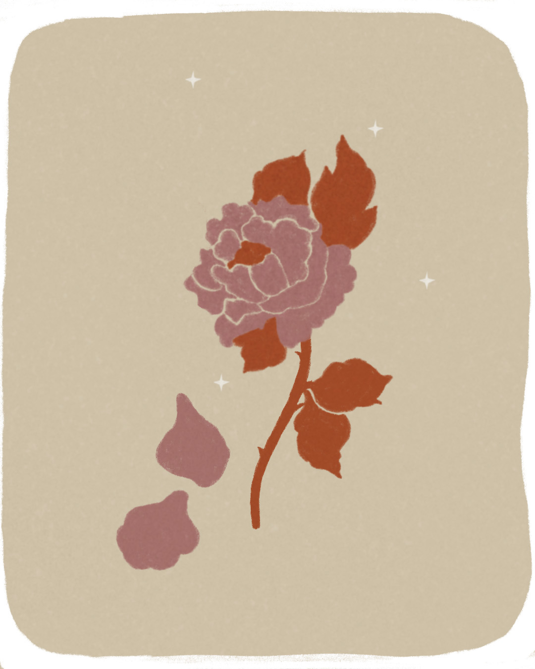 une illustration de rose à pétales roses et tige et feuilles orange dans un ciel étoilé beige qui perd deux pétales