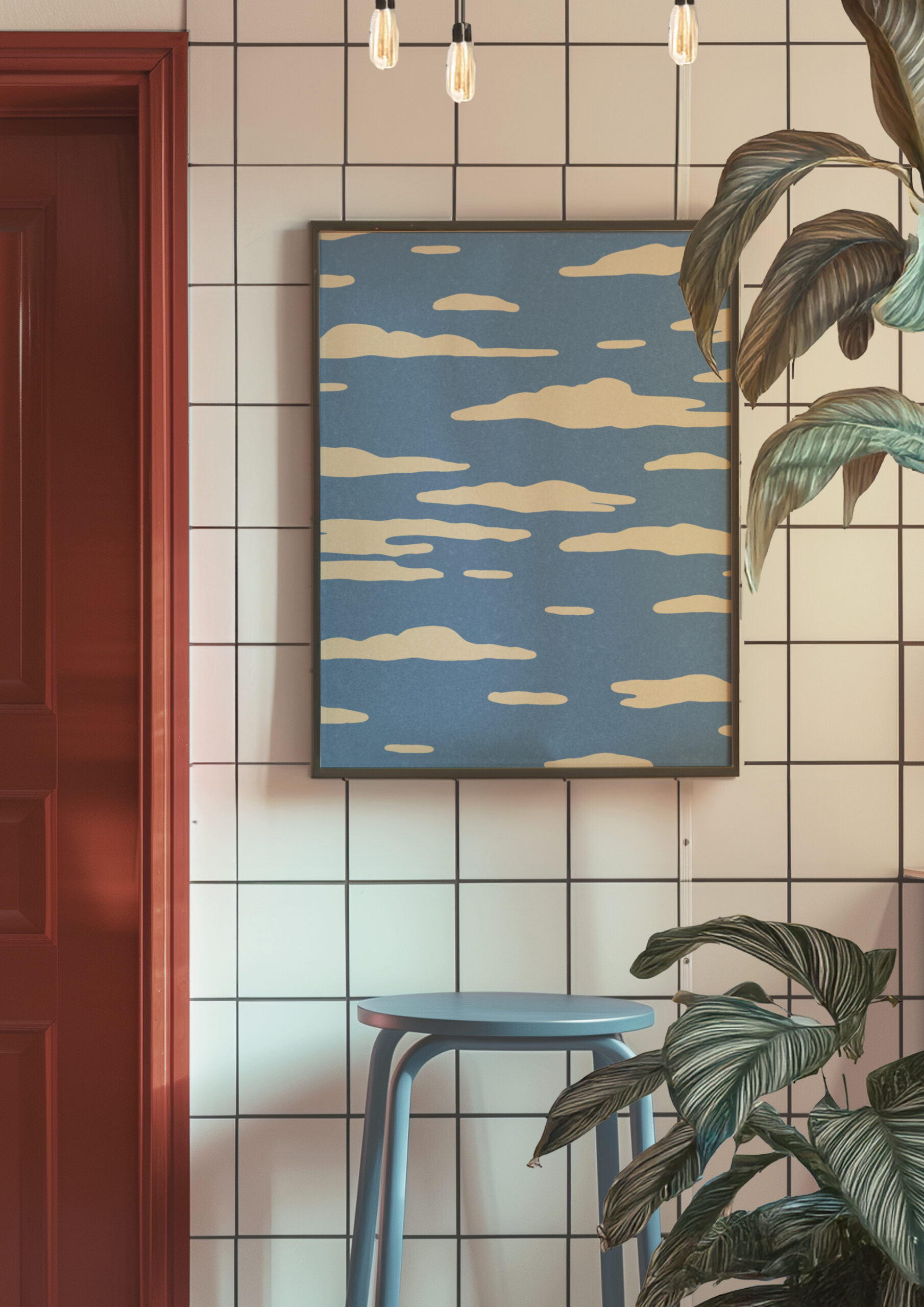 la vue d'un intérieur avec un mur à carreaux et un tableau avec mon motif nuage, des plantes, un tabouret